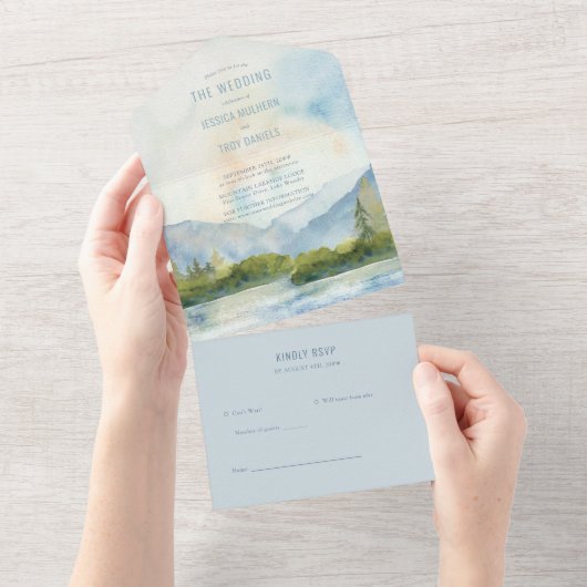 Bergmeer Waterverf Wedding All In One Uitnodiging (Afscheurbaar)