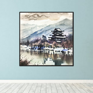Bergpagode aan de rivier (winter) canvas afdruk