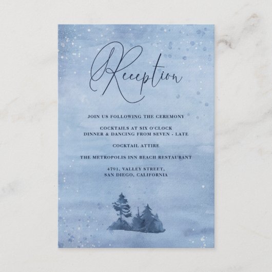 Bergpine Trees Blue Winter Wedding Reception Informatiekaartje (Voorkant)