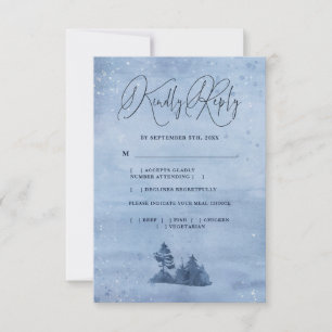 Bergpine Trees Light Blue Winter Wedding Meal RSVP Kaartje