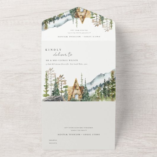 Bergpine wood Cabin Wedding Invite All In One Uitnodiging (Buitenkant)