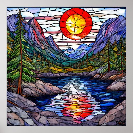 Bergscène met een meer en bomen poster (Voorkant)