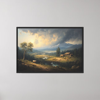 Bergvallei met landelijk huisje canvas afdruk