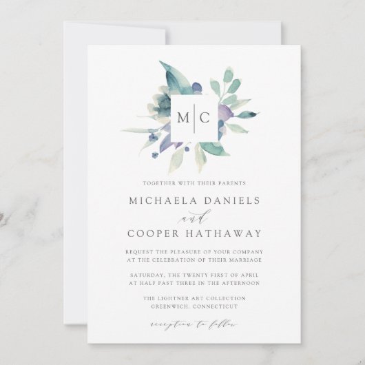 bergweide | Waterverf Monogram Bruiloft Kaart (Voorkant)