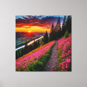 Bergzonsondergang met wilde bloemen canvas afdruk