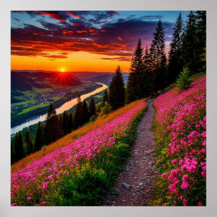 Bergzonsondergang met wilde bloemen poster