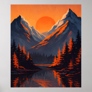 Bergzonsondergang Reflectie Vurig Oranje Lucht Poster