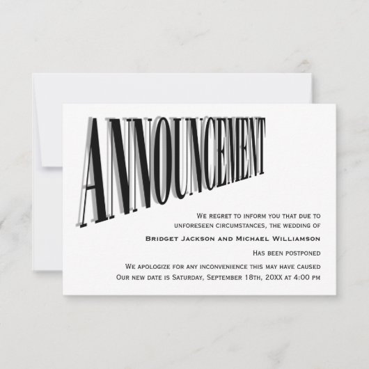 Bericht over uitgestelde bruiloft save the date (Voorkant)