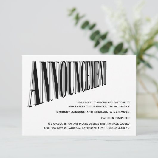 Bericht over uitgestelde bruiloft save the date (Staand voorkant)