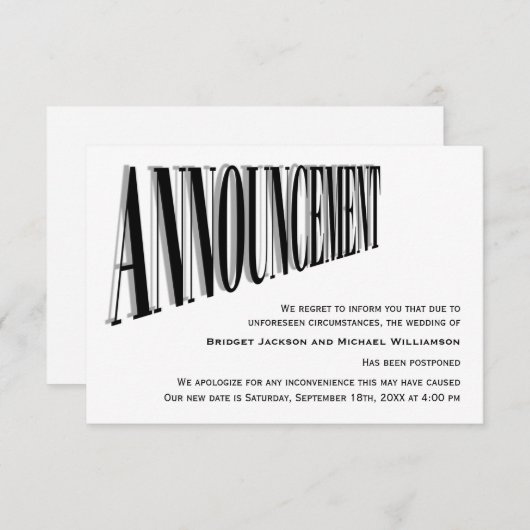 Bericht over uitgestelde bruiloft save the date (Voorkant / Achterkant)