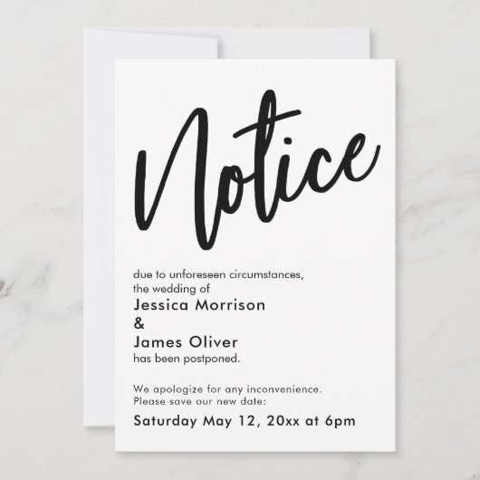 Bericht zwart wit uitgestelde bruiloft aankondigin kaart (Voorkant)