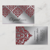 Berichtenevenspanner Damask Red Sparkle Silver Visitekaartje (Voorkant / Achterkant)