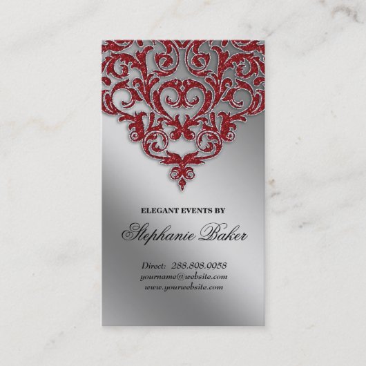 Berichtenevenspanner Damask Red Sparkle Silver Visitekaartje (Voorkant)