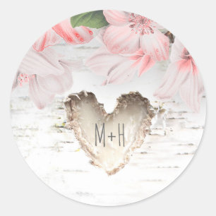 Berk Bark Hart en Roze Bloemen Rustieke Bruiloft Ronde Sticker