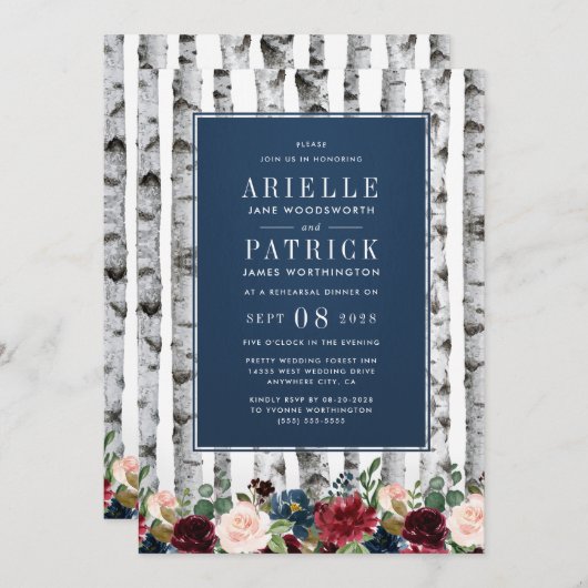 Berken Bomen Navy Blue repetitie diner uitnodiging (Voorkant / Achterkant)