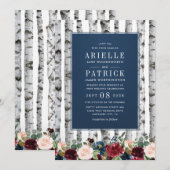 Berken Navy Blue Bourgondische bruiloft uitnodigin Kaart (Voorkant / Achterkant)