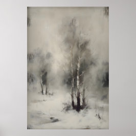 Berkenbomen in de sneeuw, gotisch boslandschap aan poster