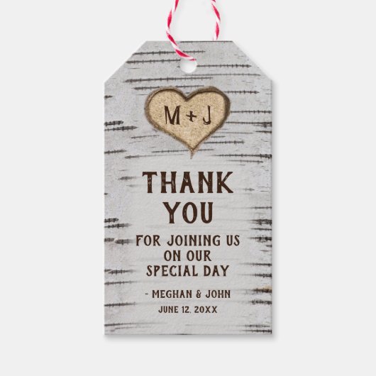 Berkenboom hart initialen rustieke bruiloft Dank u Cadeaulabel (Voorkant)