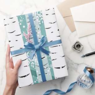 Berkenboom Witte Schors op Blauwe Winter Cadeaupapier