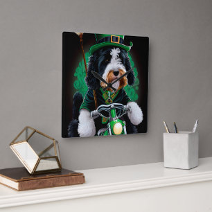 Bernedoodle Dog fiets St. Patrick's Day Vierkante Klok