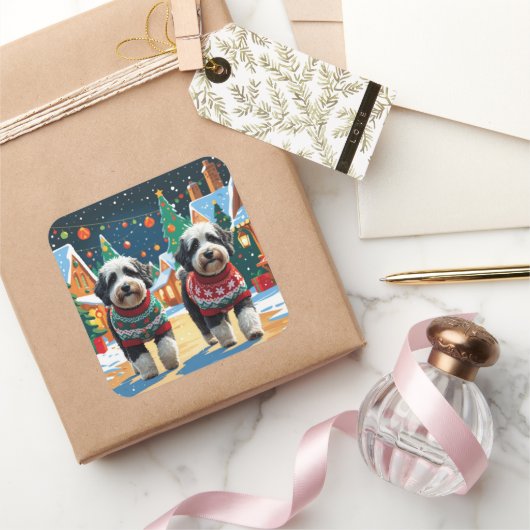 Bernedoodle Dogs Christmas Snow Holiday Vierkante Sticker (Geschenken)