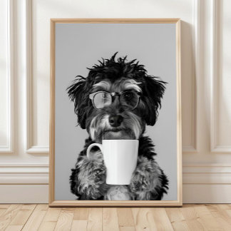 Bernedoodle en koffie muurkunst, zwart en wit poster