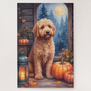 Bernedoodle Gezellige Blokhut Halloween Kunstwerk Legpuzzel