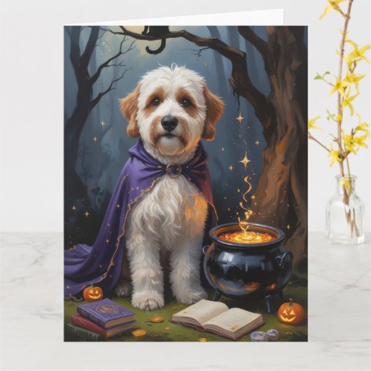Bernedoodle Hond grillig Halloween schilderij Kaart (Gele Bloem)