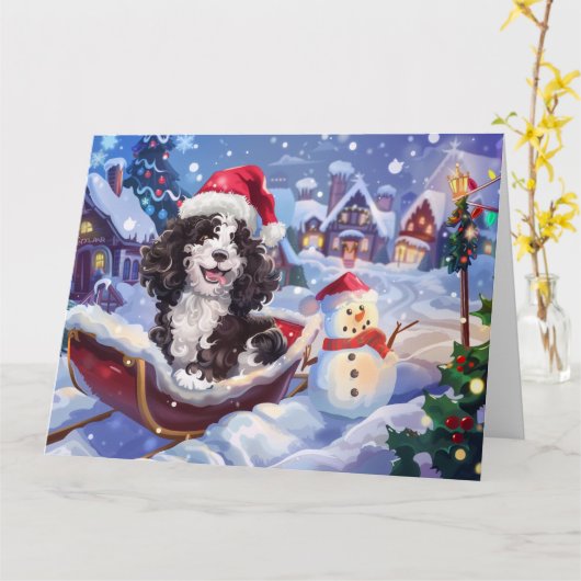 Bernedoodle Hond in Sleigh Sneeuw Kerstmis Kaart (Gele Bloem)