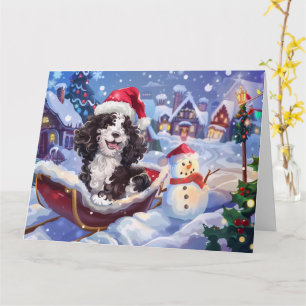 Bernedoodle Hond in Sleigh Sneeuw Kerstmis Kaart