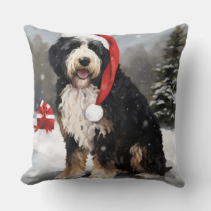 Bernedoodle Hond in Sneeuw Kerstmis Kussen