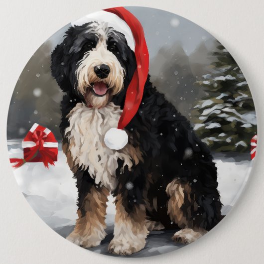 Bernedoodle Hond in Sneeuw Kerstmis Ronde Button 6,0 Cm (Voorkant)