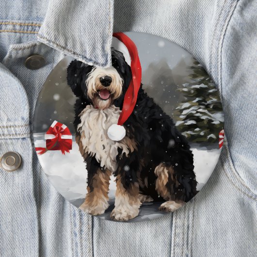 Bernedoodle Hond in Sneeuw Kerstmis Ronde Button 6,0 Cm (In situ)