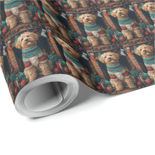 Bernedoodle-hond met kerstcadeaus open haard cadeaupapier