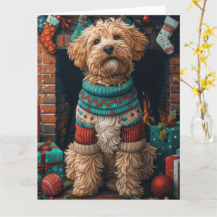 Bernedoodle-hond met kerstcadeaus open haard kaart