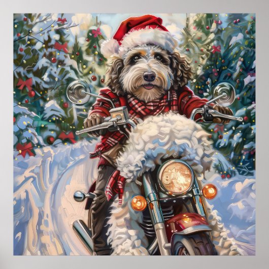 Bernedoodle Hond Rijden Motorfiets Kerstmis Poster (Voorkant)