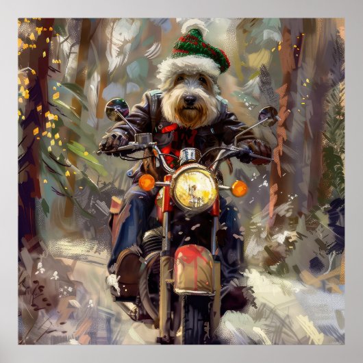 Bernedoodle Hond Rijden Motorfiets Kerstmis Poster (Voorkant)