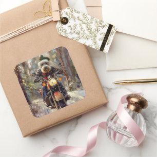Bernedoodle Hond Rijden Motorfiets Kerstmis Vierkante Sticker