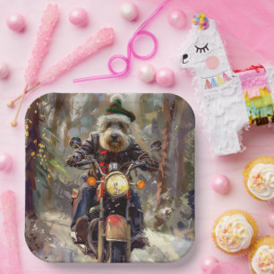 Bernedoodle-hond rijdt op motorfiets met Kerstmis Papieren Bordje