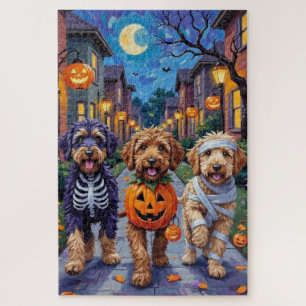 Bernedoodle honden gaan langs voor trick-or-treat legpuzzel