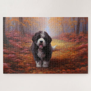 Bernedoodle in herfstbladeren val inspireert legpuzzel