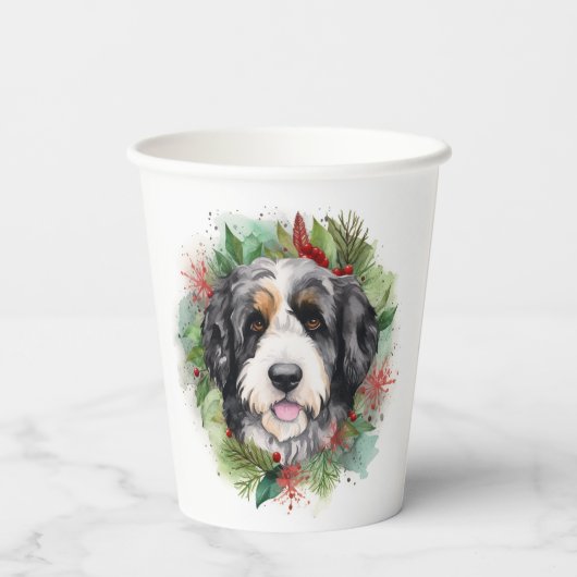 Bernedoodle Kerstkrans Feestelijke Pup Papieren Bekers (Achterkant)