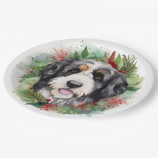 Bernedoodle Kerstkrans Feestelijke Pup Papieren Bordje (Gekanteld)
