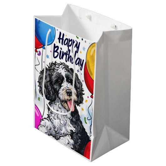 Bernedoodle met ballonnen medium cadeauzakje (Voorkant Gekanteld)