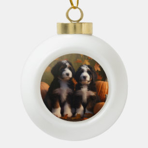 Bernedoodle Puppy Herfst Plezier Pompoen Keramische Bal Ornament