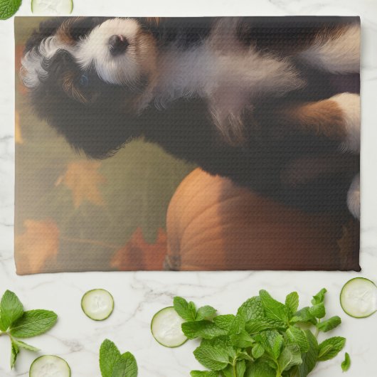 Bernedoodle Puppy Herfst Verrukking Pompoen Theedoek (Gevouwen)