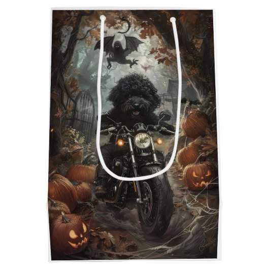 Bernedoodle Rijden Motorfiets Halloween Eng Medium Cadeauzakje (Achterkant)