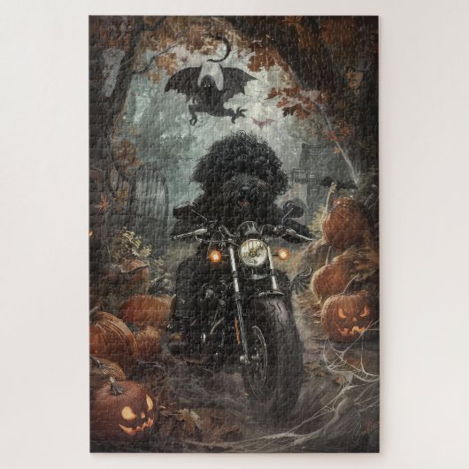 Bernedoodle rijdt op motorfiets Halloween griezeli Legpuzzel (Verticaal)