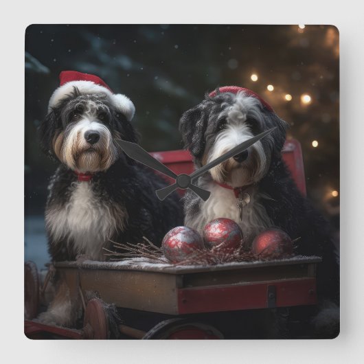 Bernedoodle Snowy Sleigh Kerstdecoratie Vierkante Klok (Voorkant)