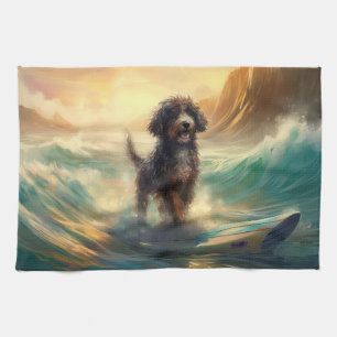 Bernedoodle Strand Surfen Schilderij Theedoek